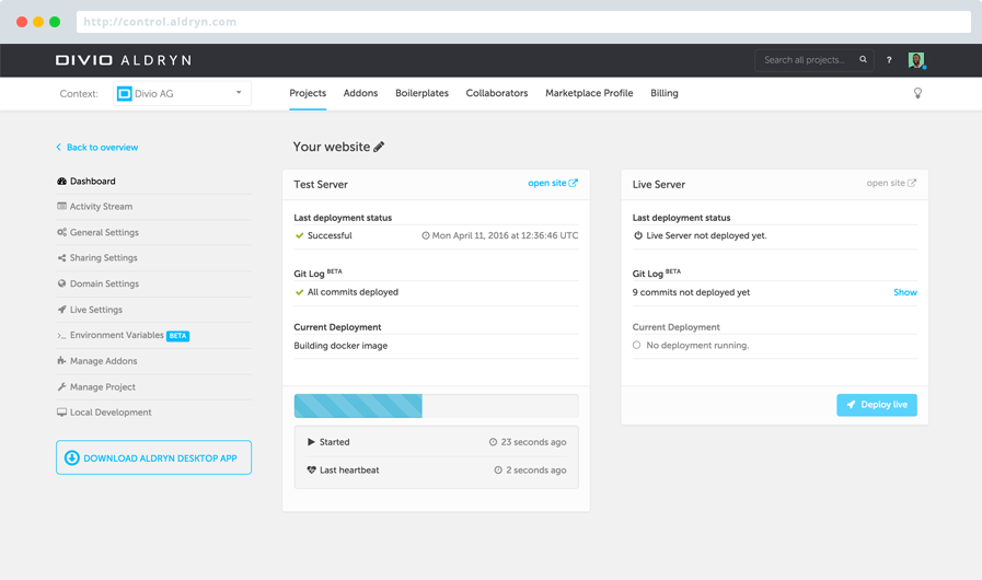 Divio Cloud control panel